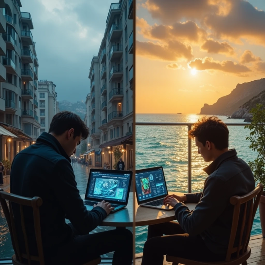 Northern European working remotely from sunny Mediterranean terrace